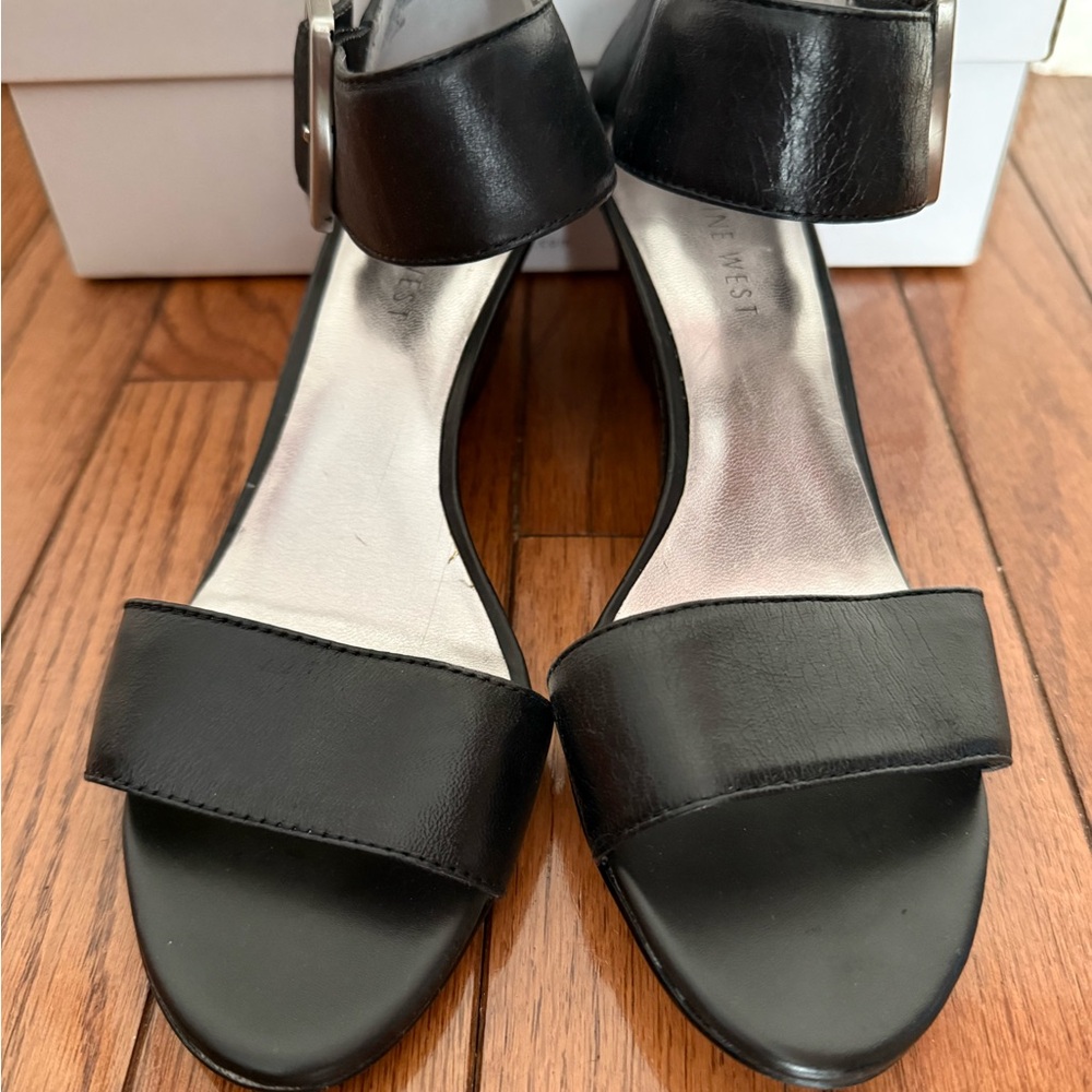 Nine West Black Leather Wedge Sandals with Buckle Accent - Picture 6 of 8